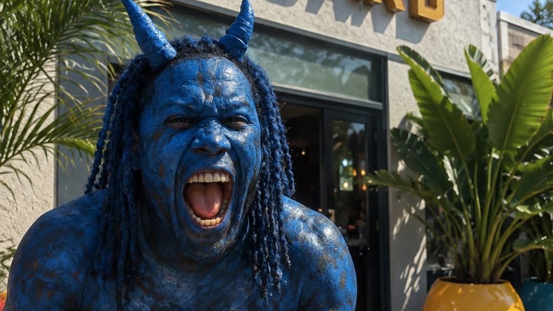 A blue-painted, horned mas performer shouting outside the Sugar'd storefront in Brooklyn